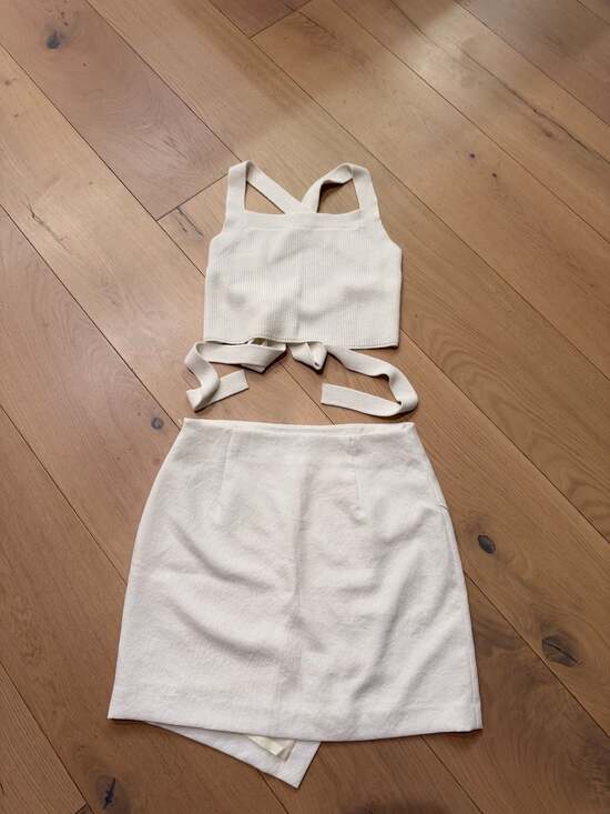 Aritzia Dresses & Skirts - Babaton Wilfred Two-Piece Criss-Cross Knit Crop Top and Asymmetrical Skirt Set